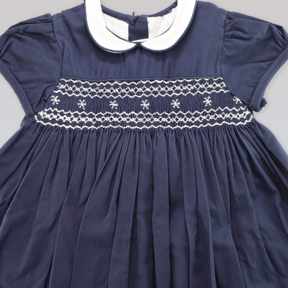 Annafie London Navy Blue Smocked Snowflake Embroidery Girls Dress