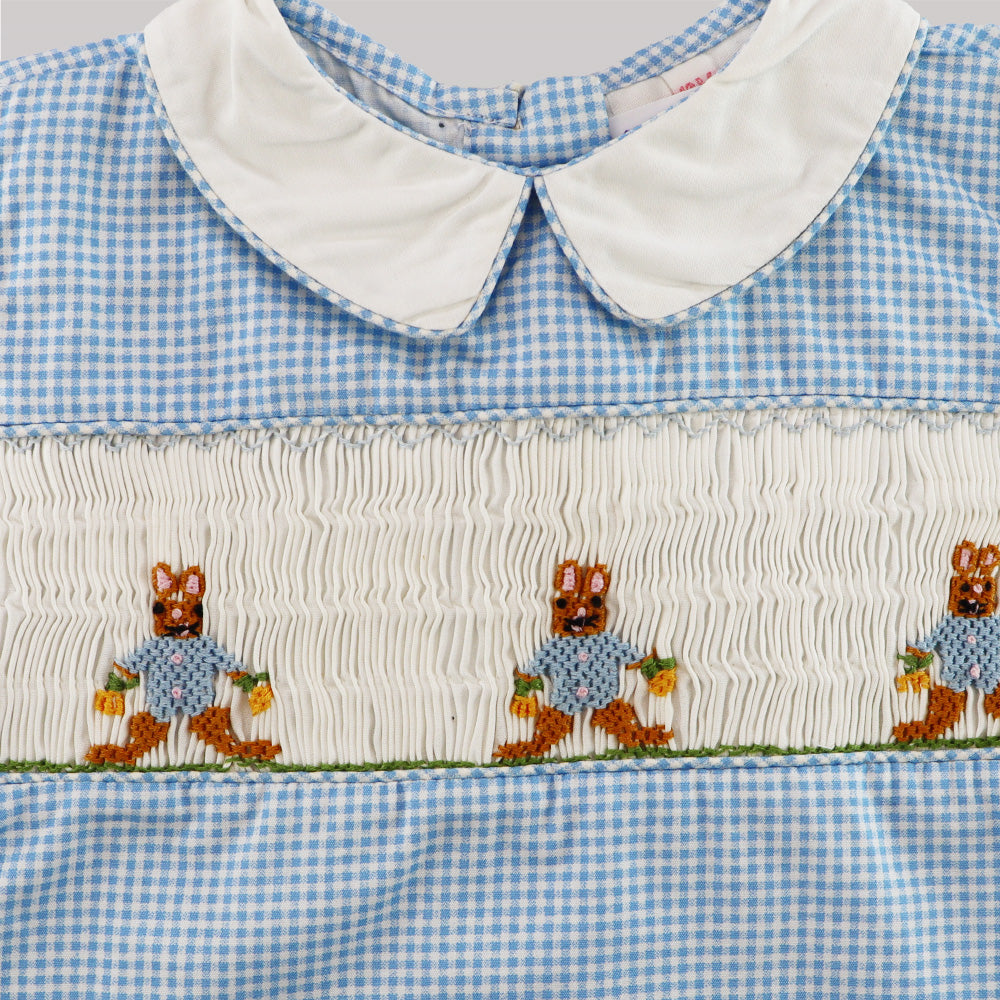 Annafie London Blue Checked Cotton Romper with Hand Smocked Rabbit