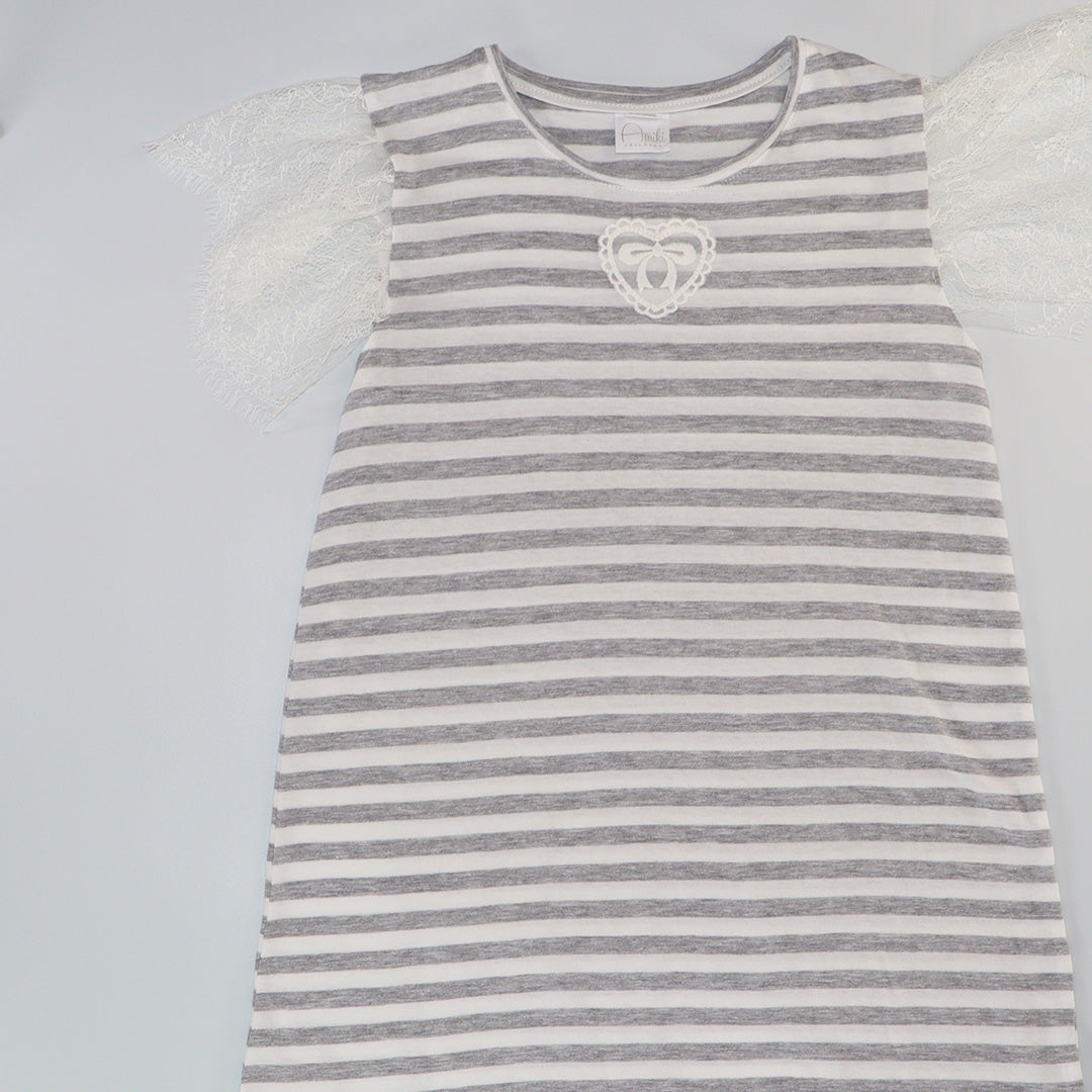 AMIKI Gloria Girls Striped Cotton Nightgown in Blue and White