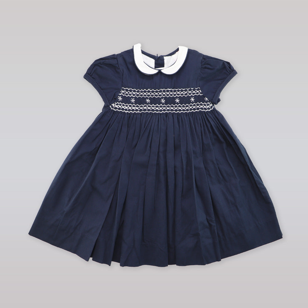 Annafie London Navy Blue Smocked Snowflake Embroidery Girls Dress