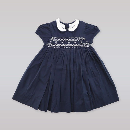 Annafie London Navy Blue Smocked Snowflake Embroidery Girls Dress