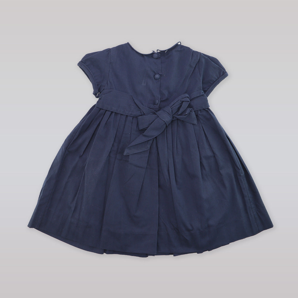 Annafie London Navy Blue Smocked Snowflake Embroidery Girls Dress