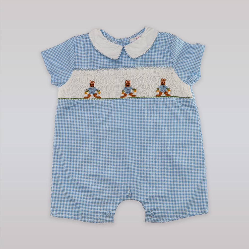 Annafie London Blue Checked Cotton Romper with Hand Smocked Rabbit