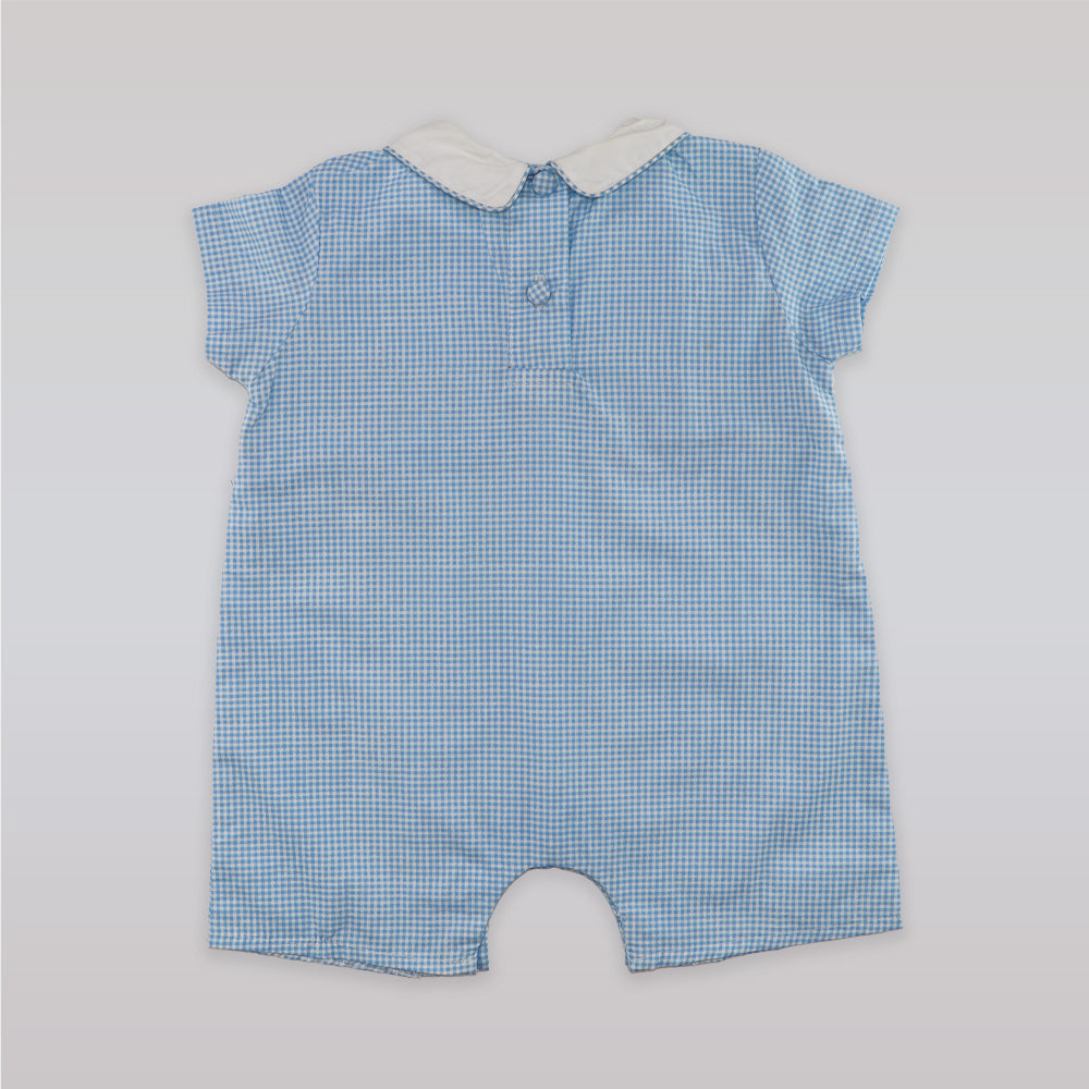 Annafie London Blue Checked Cotton Romper with Hand Smocked Rabbit