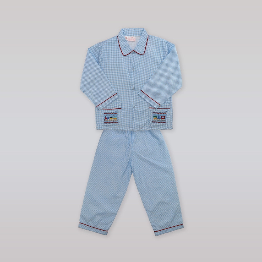 Annafie London Boys Blue Striped Cotton Car Embroidery Pyjama Set