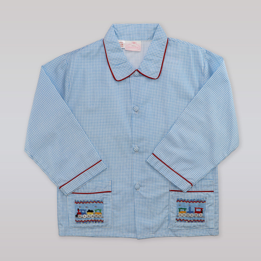 Annafie London Boys Blue Striped Cotton Car Embroidery Pyjama Set