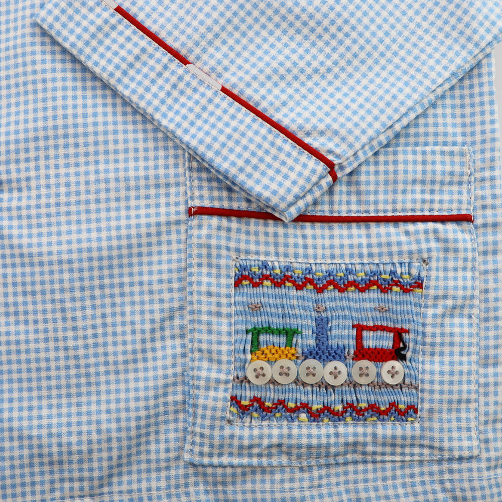 Annafie London Boys Blue Striped Cotton Car Embroidery Pyjama Set