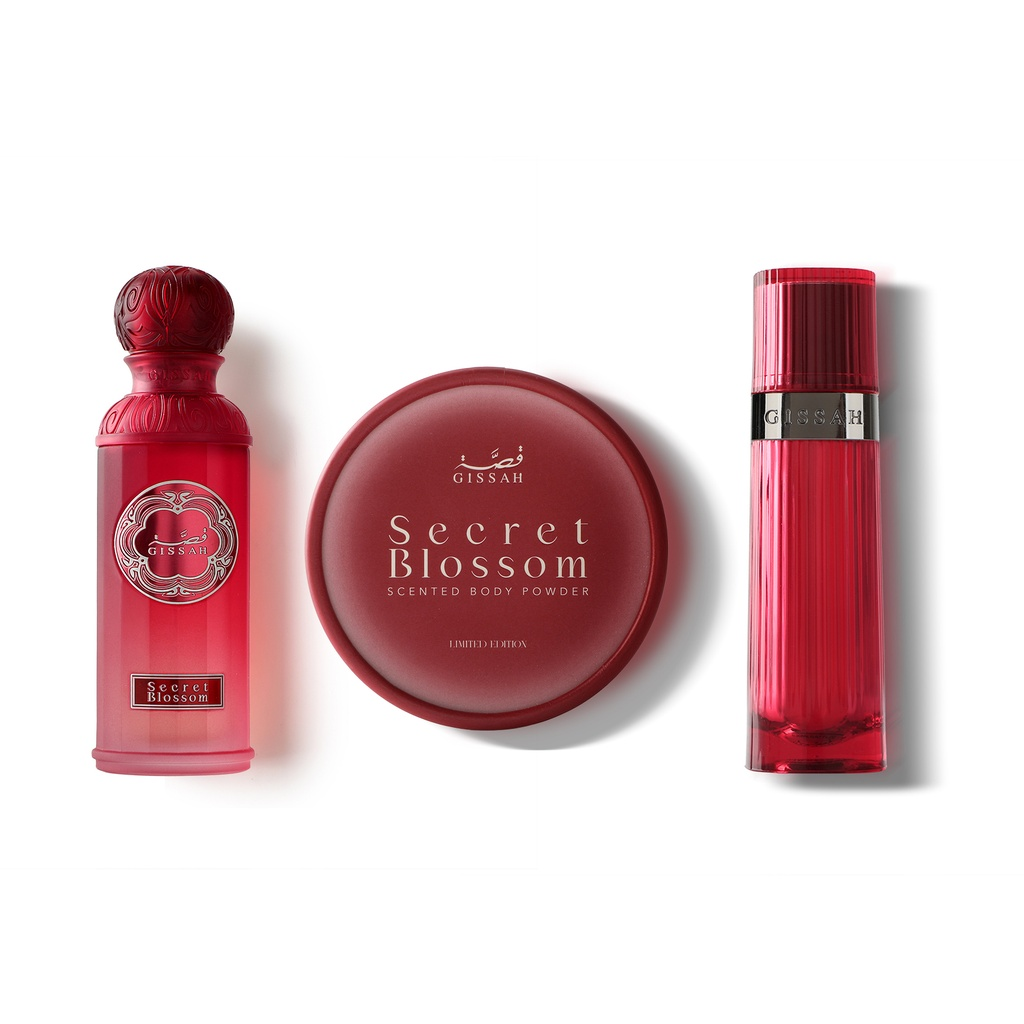 Secret Blossom Fragrance Gift Set with Perfume, Powder, and Khamriya