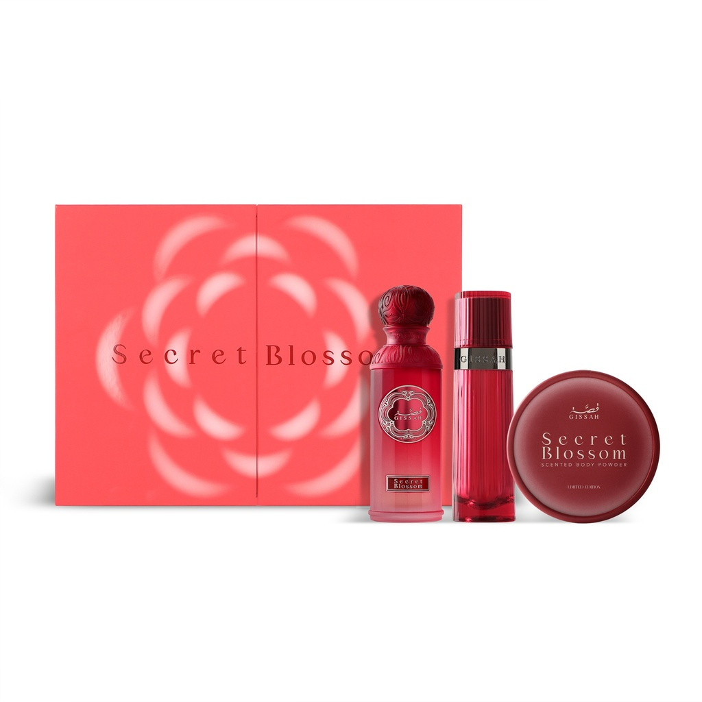 Secret Blossom Fragrance Gift Set with Perfume, Powder, and Khamriya