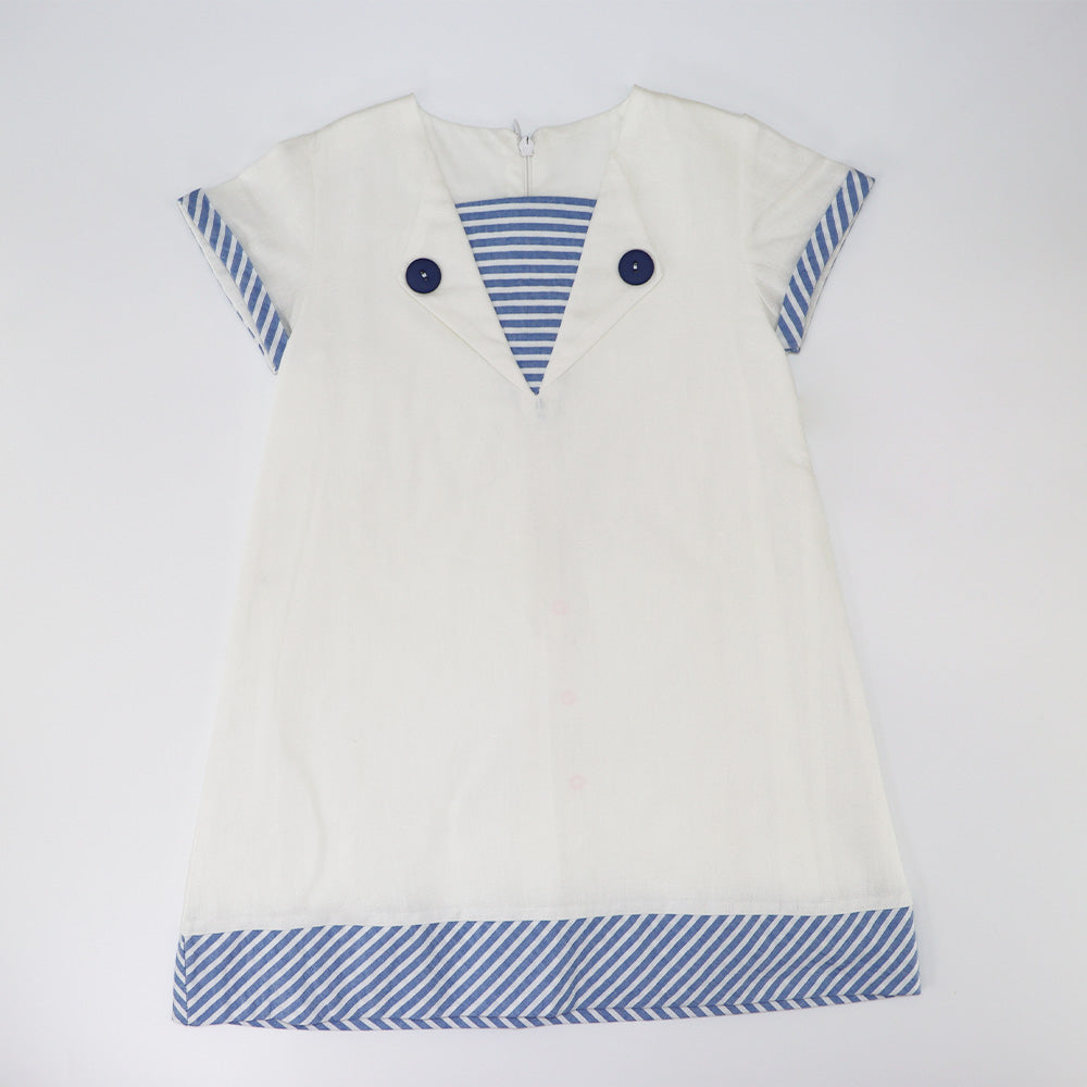 Ancar Girls Blue Geometric Print Cotton Dress with Back Bow