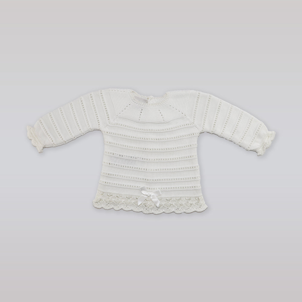 Paz Rodriguez Long Sleeve White Knit Baby Sweater 3M
