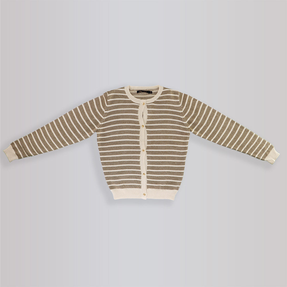 Pale Cloud Girls Olive Striped Knit Button Down Cardigan Sweater