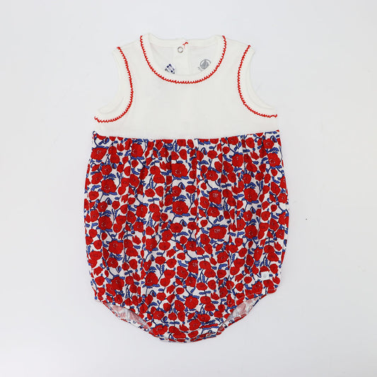 Petit Bateau Baby Red Flower Print Cotton Bloomer Romper Jumpsuit
