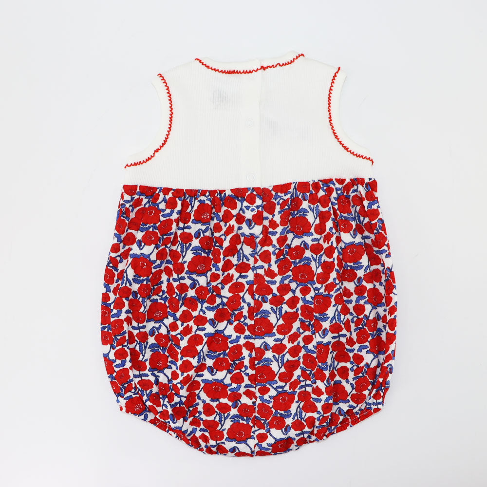 Petit Bateau Baby Red Flower Print Cotton Bloomer Romper Jumpsuit