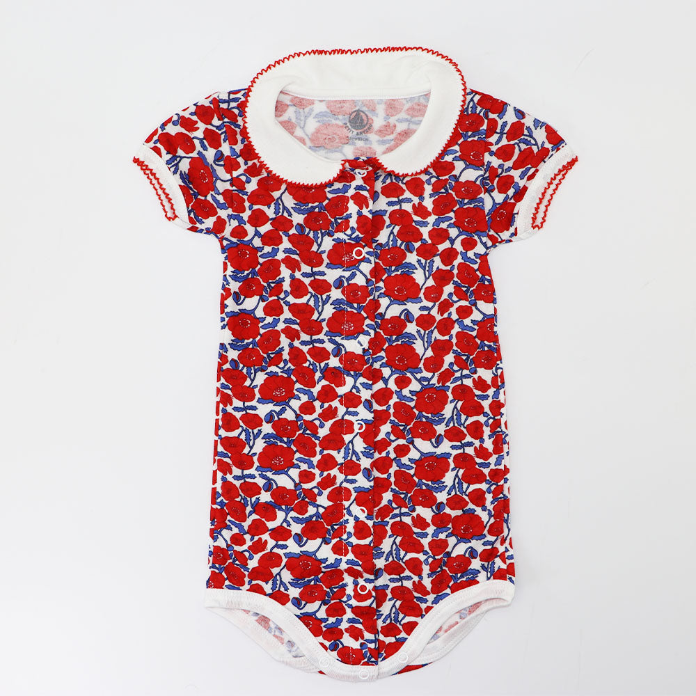 Petit Bateau Red Floral Short Sleeve Cotton Baby Body Suit