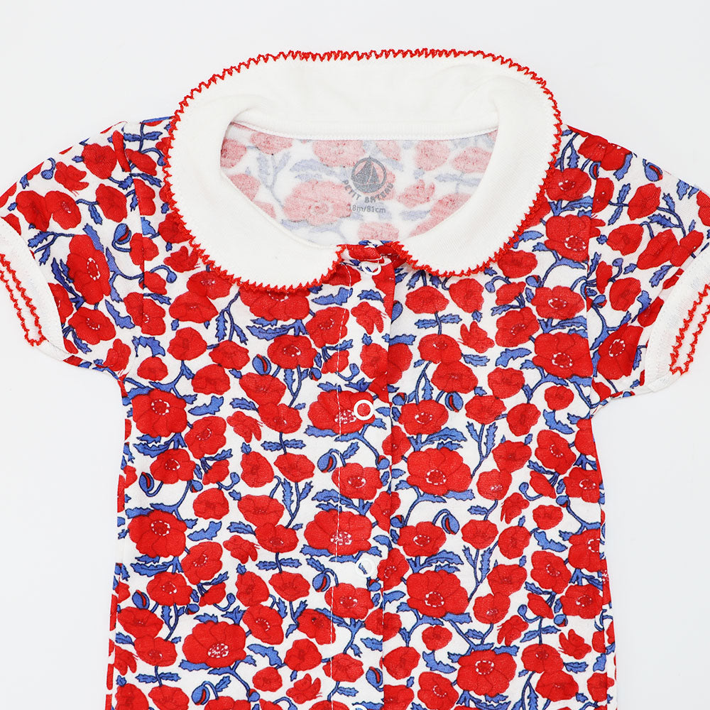 Petit Bateau Red Floral Short Sleeve Cotton Baby Body Suit
