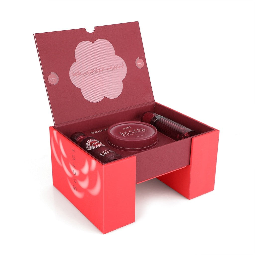 Secret Blossom Fragrance Gift Set with Perfume, Powder, and Khamriya