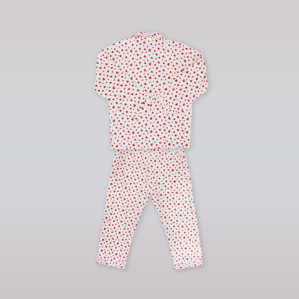 Rachel Riley Girls Red Heart Print Frill Trim Cotton Pyjamas