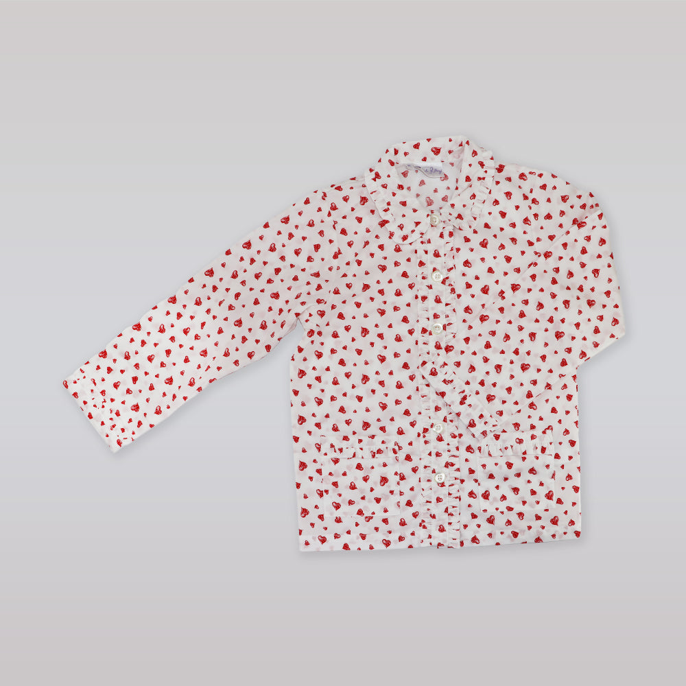Rachel Riley Girls Red Heart Print Frill Trim Cotton Pyjamas
