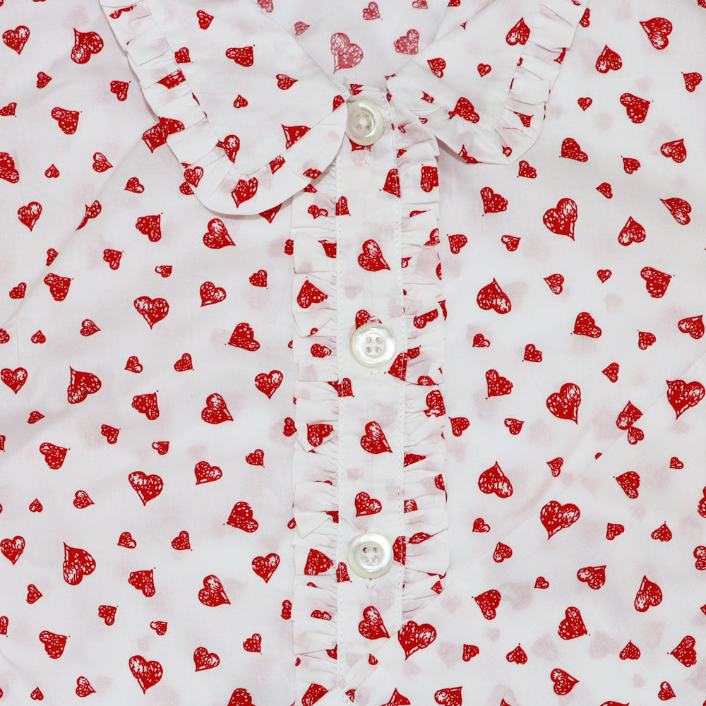 Rachel Riley Girls Red Heart Print Frill Trim Cotton Pyjamas