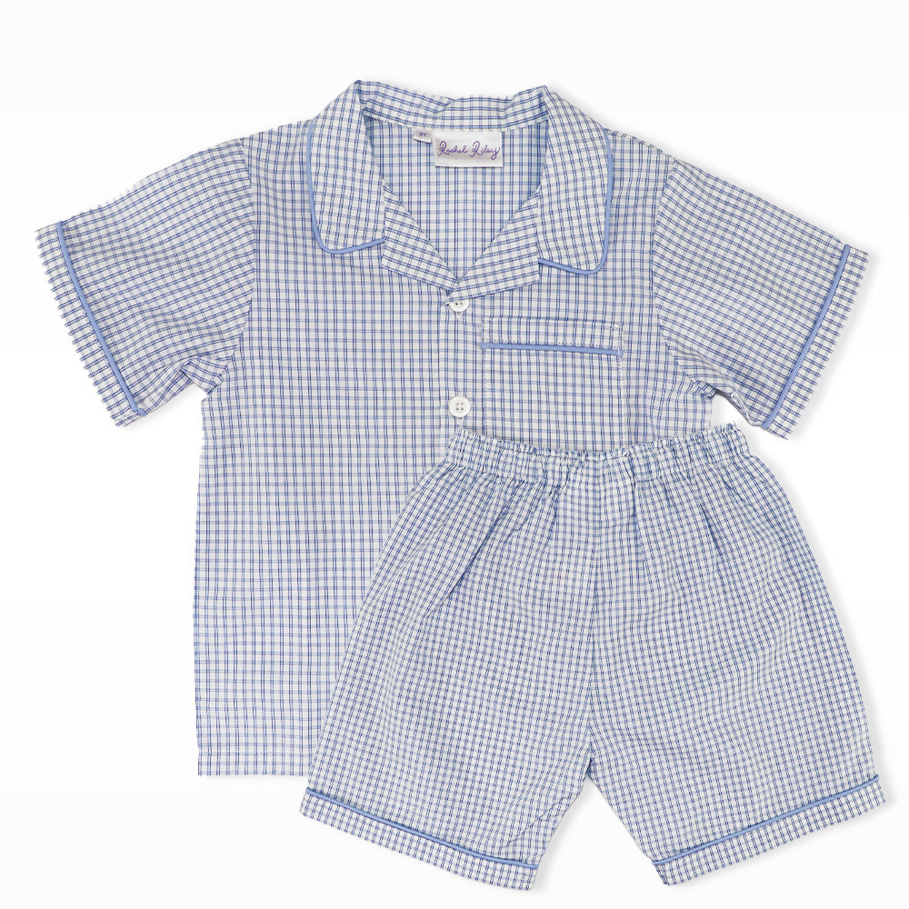 Rachel Riley Boys Blue Gingham Short Sleeve Cotton Pyjama Set