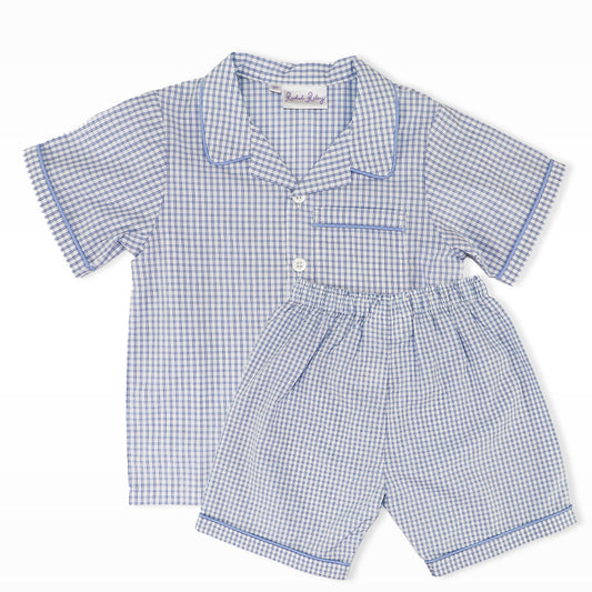 Rachel Riley Boys Blue Gingham Short Sleeve Cotton Pyjama Set