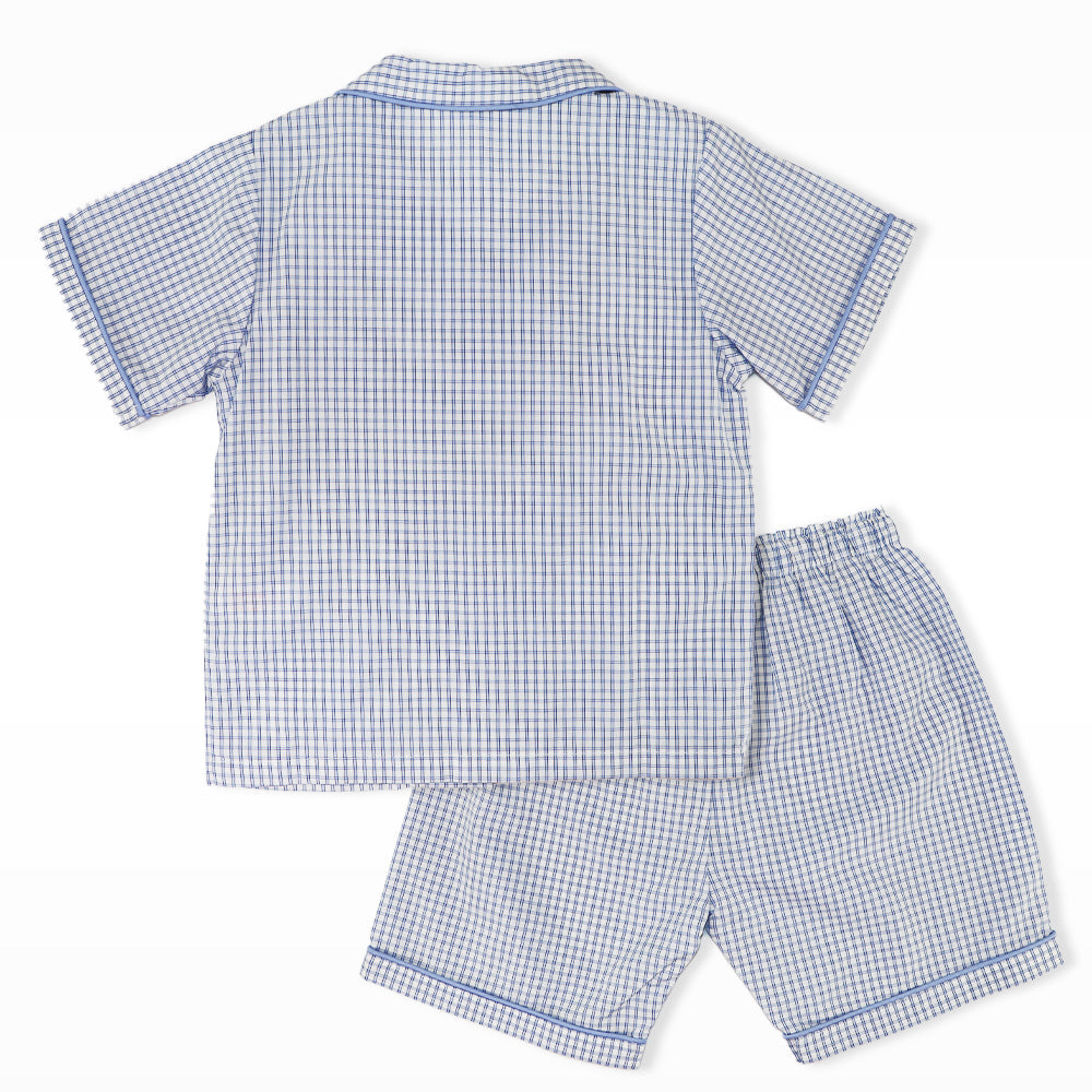 Rachel Riley Boys Blue Gingham Short Sleeve Cotton Pyjama Set