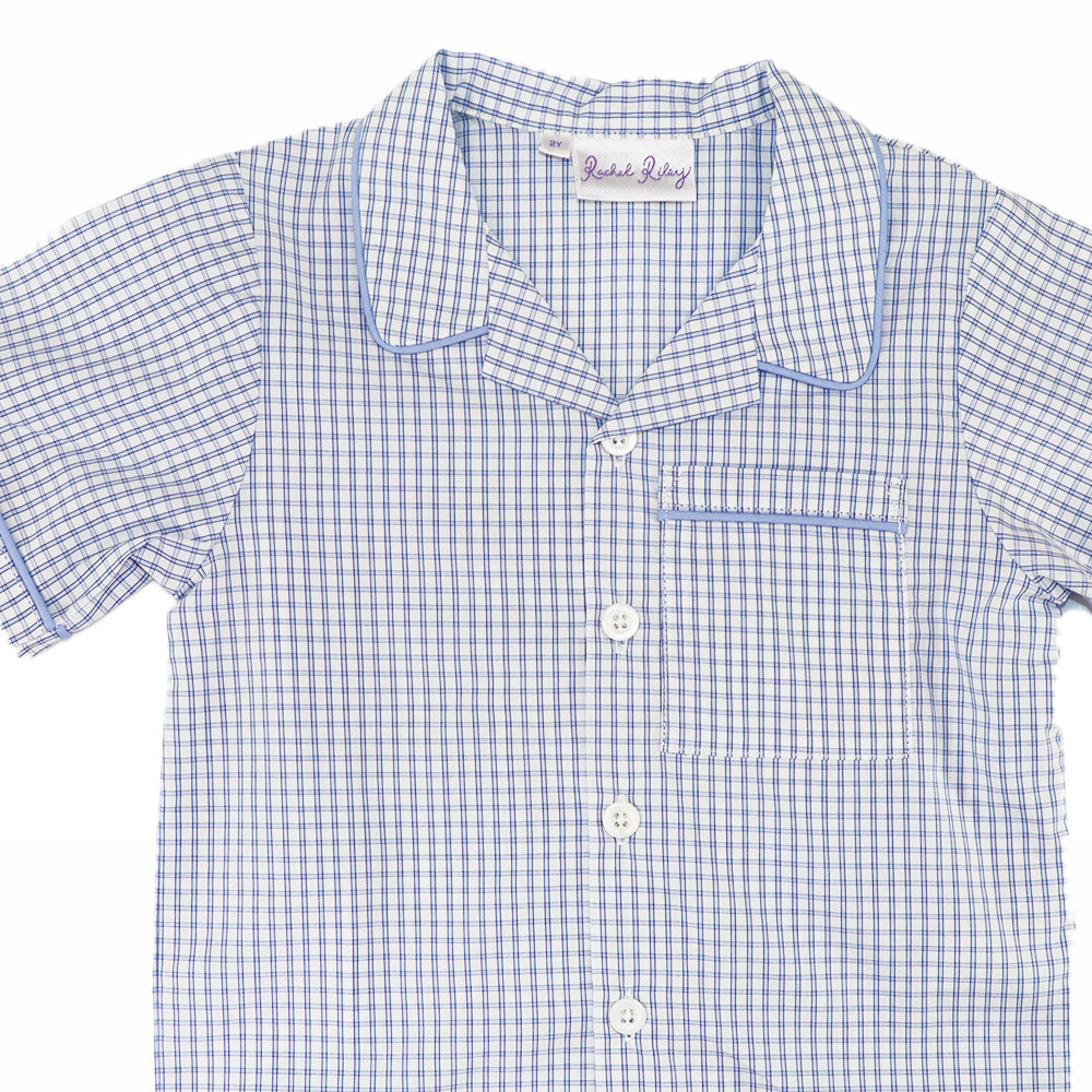 Rachel Riley Boys Blue Gingham Short Sleeve Cotton Pyjama Set