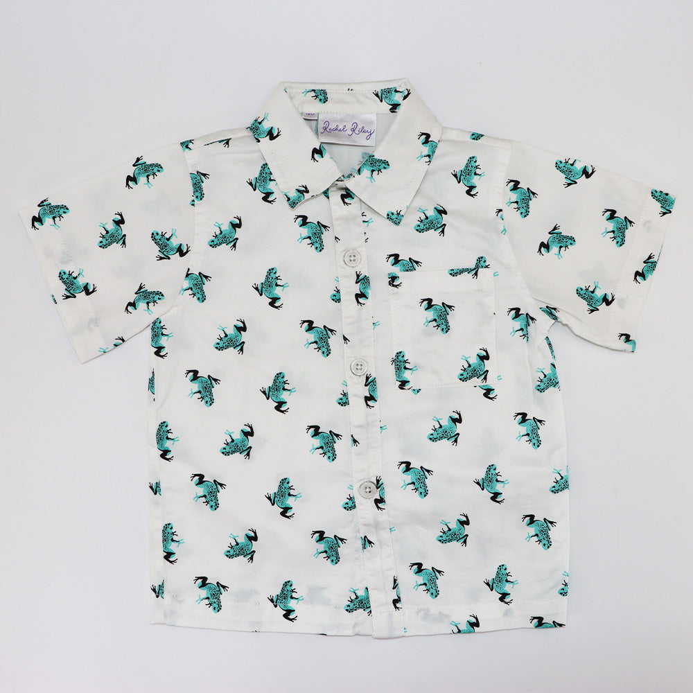 Rachel Riley Boys Green Frog Print Cotton Button Down Shirt