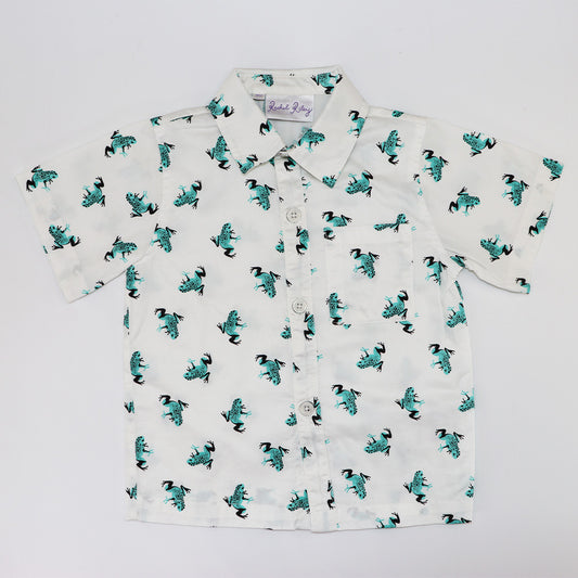 Rachel Riley Boys Green Frog Print Cotton Button Down Shirt