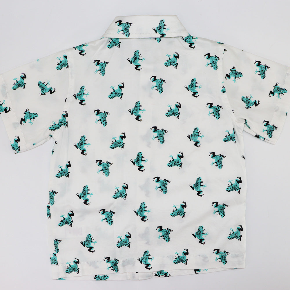 Rachel Riley Boys Green Frog Print Cotton Button Down Shirt