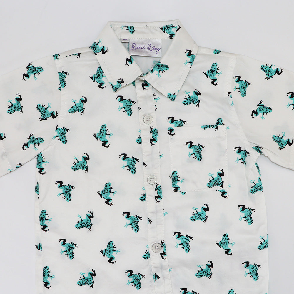 Rachel Riley Boys Green Frog Print Cotton Button Down Shirt
