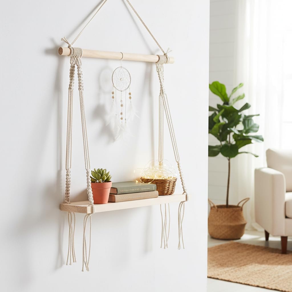 Decazone ® Macramé Wall Hanging Shelf Pine Wood Floating Shelve with Wooden Dowel