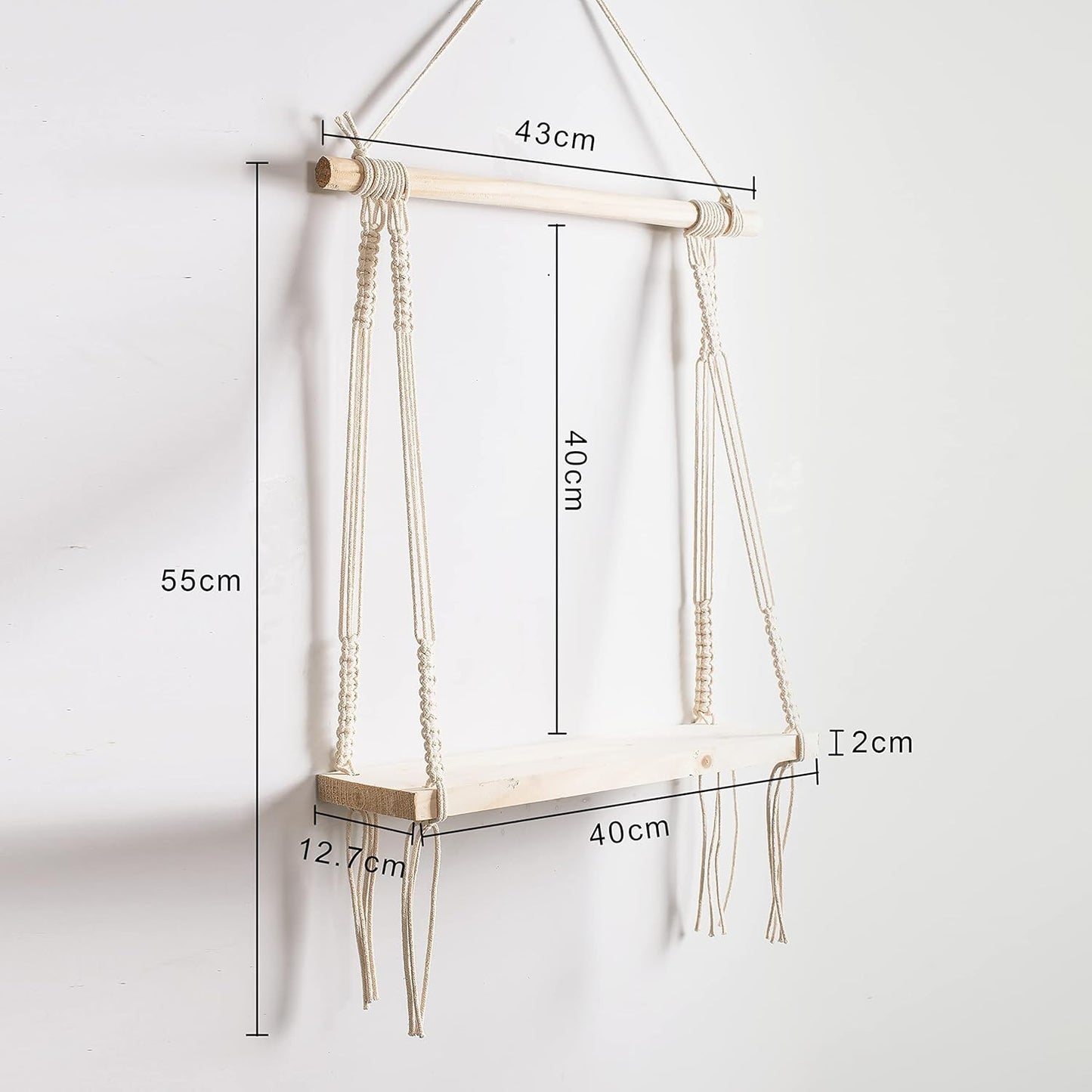 Decazone ® Macramé Wall Hanging Shelf Pine Wood Floating Shelve with Wooden Dowel