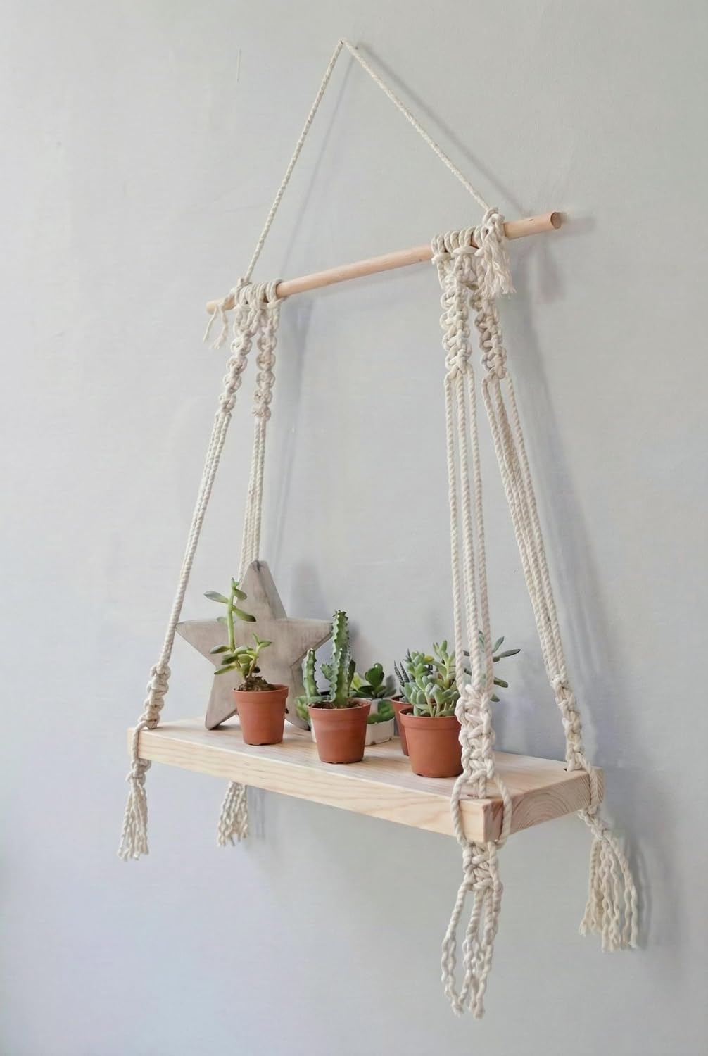 Decazone ® Macramé Wall Hanging Shelf Pine Wood Floating Shelve with Wooden Dowel