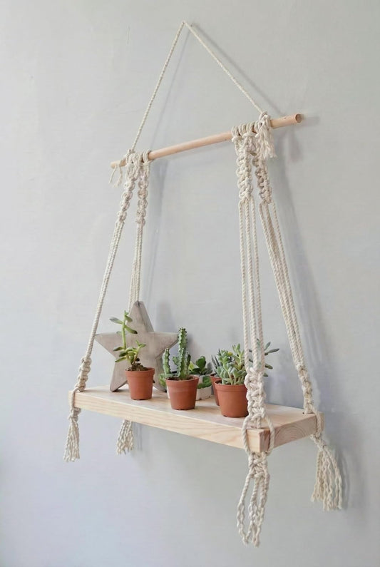 Decazone ® Macramé Wall Hanging Shelf Pine Wood Floating Shelve with Wooden Dowel