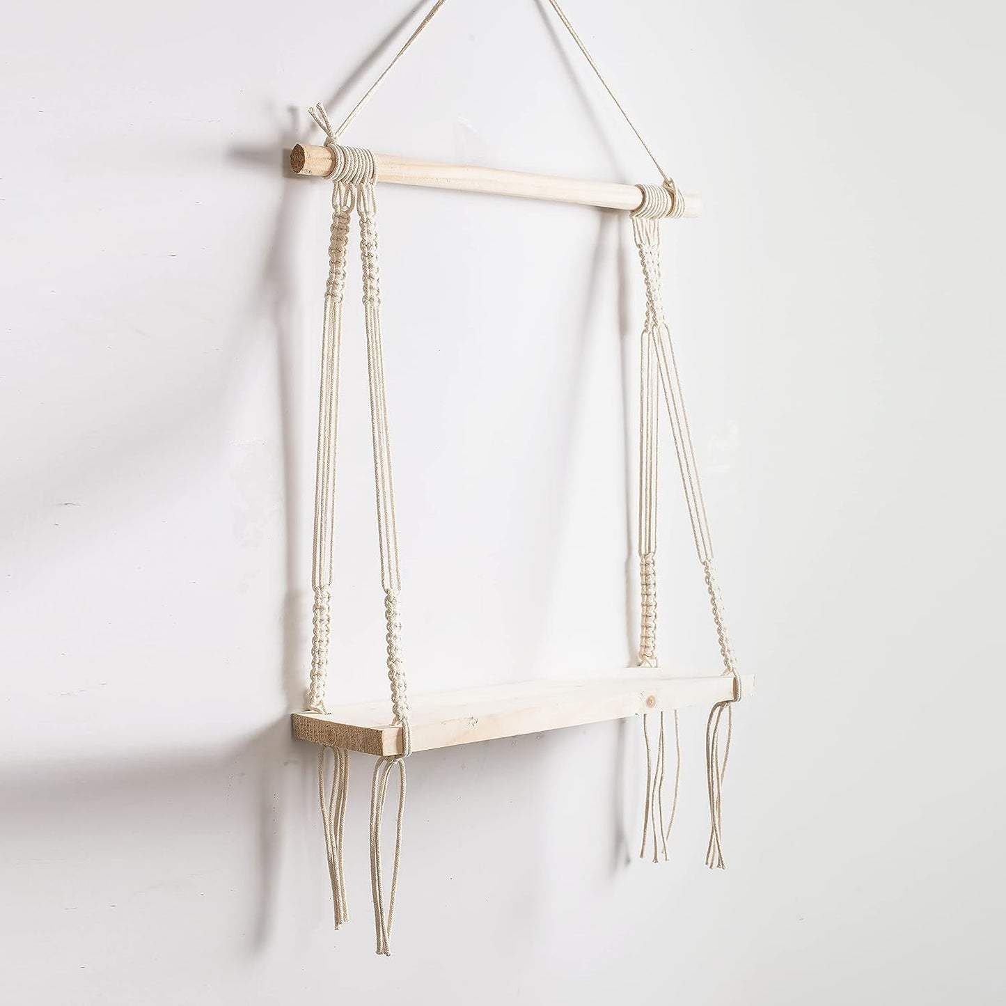 Decazone ® Macramé Wall Hanging Shelf Pine Wood Floating Shelve with Wooden Dowel