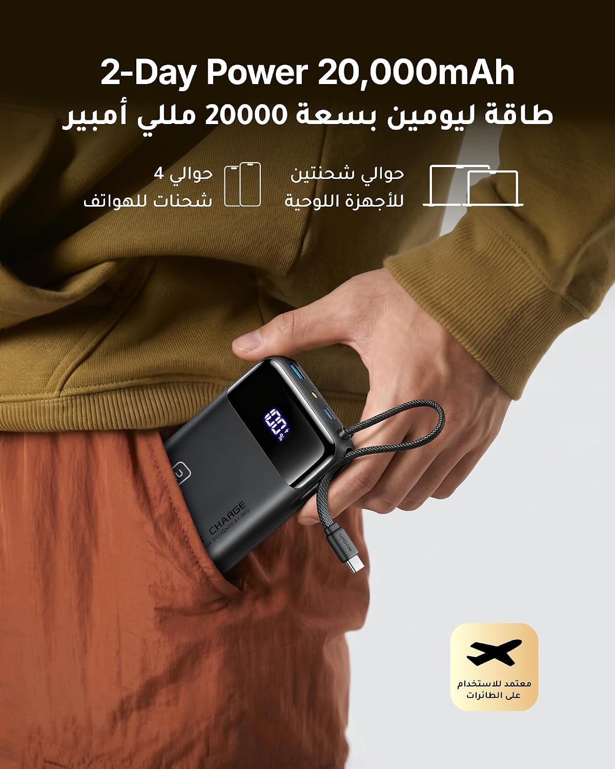 Power Bank, Smallest 20000mAh 45W Portable Charger with Build in USB-C Cable