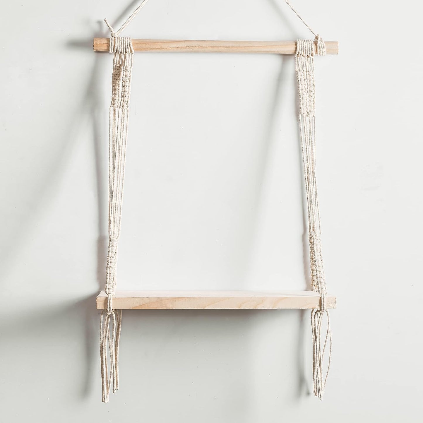 Decazone ® Macramé Wall Hanging Shelf Pine Wood Floating Shelve with Wooden Dowel