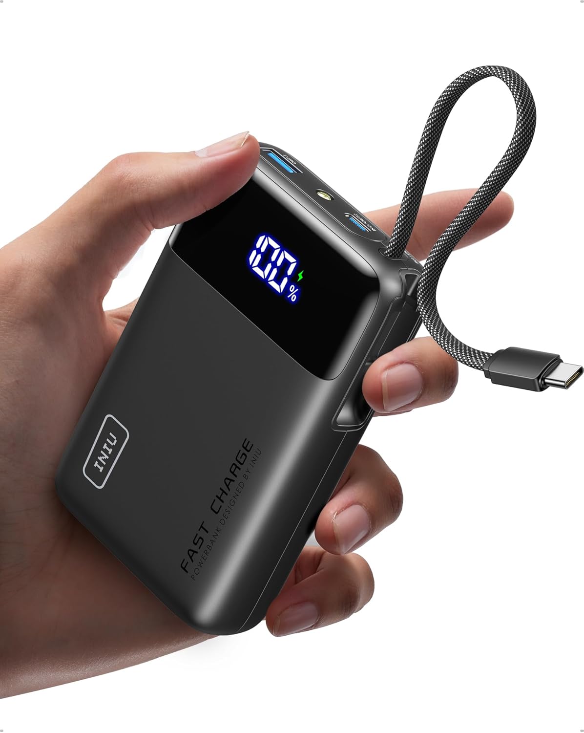 Power Bank, Smallest 20000mAh 45W Portable Charger with Build in USB-C Cable