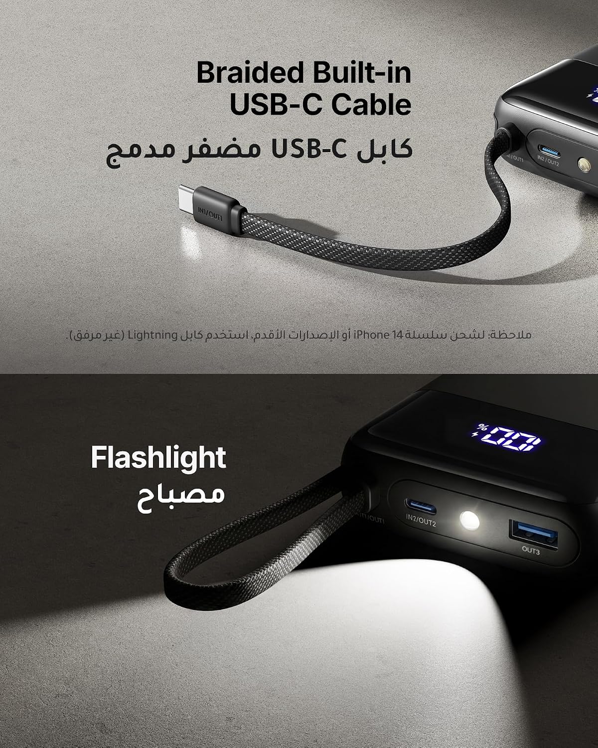 Power Bank, Smallest 20000mAh 45W Portable Charger with Build in USB-C Cable