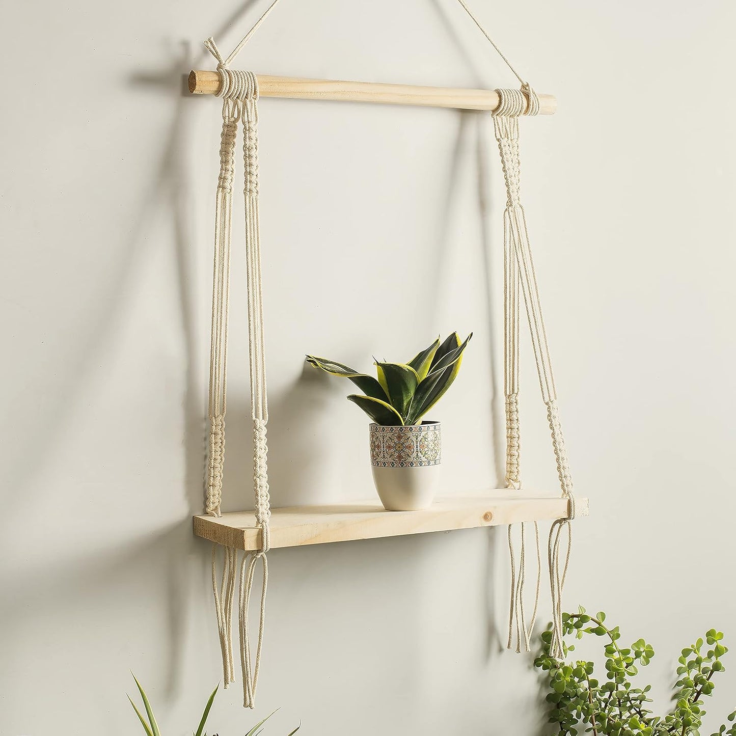 Decazone ® Macramé Wall Hanging Shelf Pine Wood Floating Shelve with Wooden Dowel