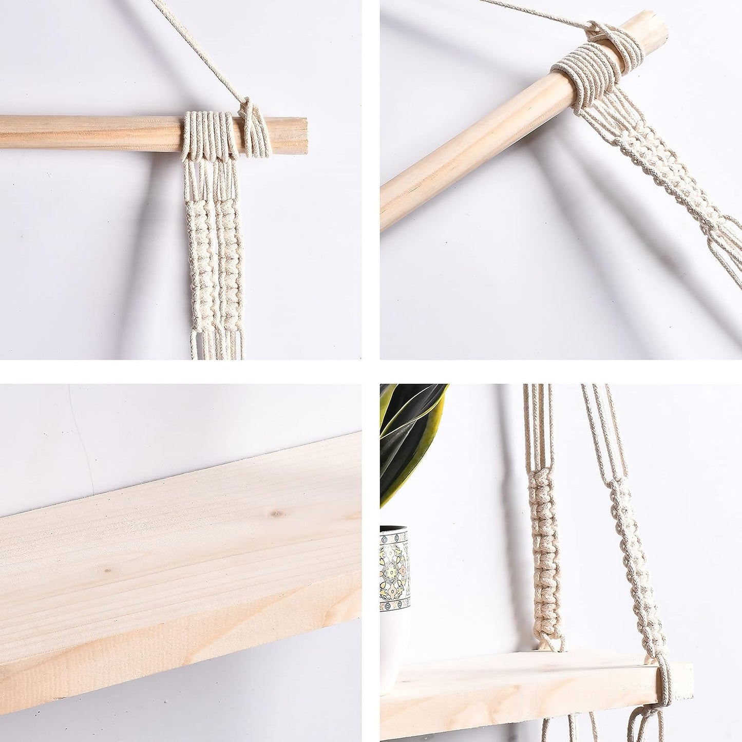 Decazone ® Macramé Wall Hanging Shelf Pine Wood Floating Shelve with Wooden Dowel