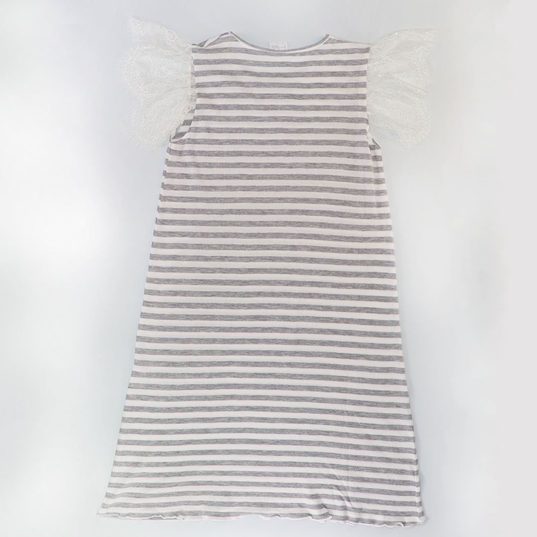 AMIKI Gloria Girls Striped Cotton Nightgown in Blue and White