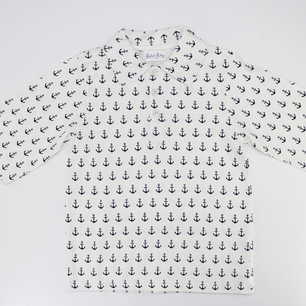 Rachel Riley Boys Anchor Embroidered Cotton Polo Shirt Ivory Navy