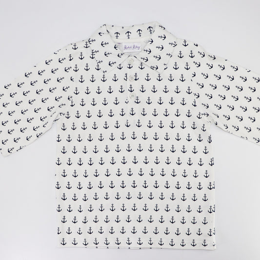 Rachel Riley Boys Ivory Navy Anchor Embroidered Cotton Polo