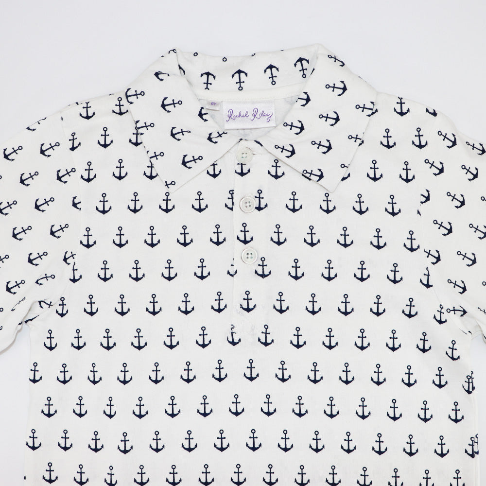 Rachel Riley Boys Anchor Embroidered Cotton Polo Shirt Ivory Navy