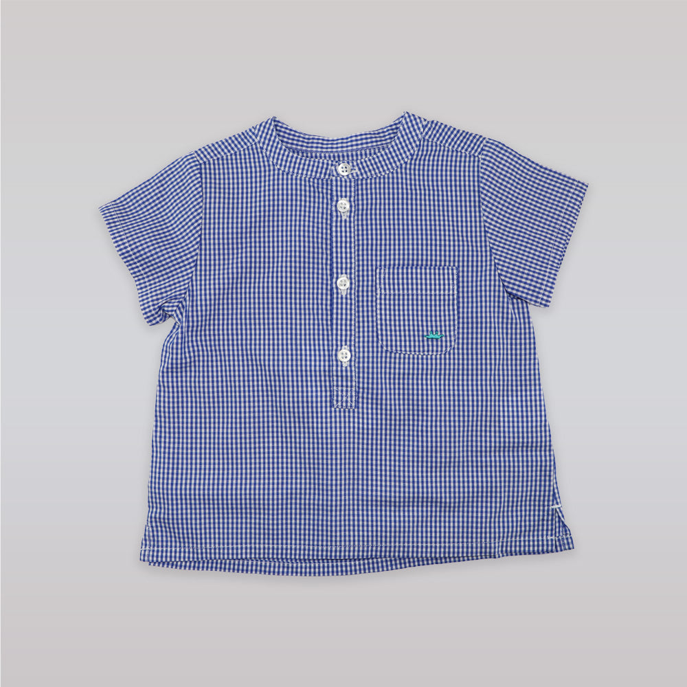 Marie Chantal Classic Blue Gingham Short Sleeve Cotton Baby Shirt