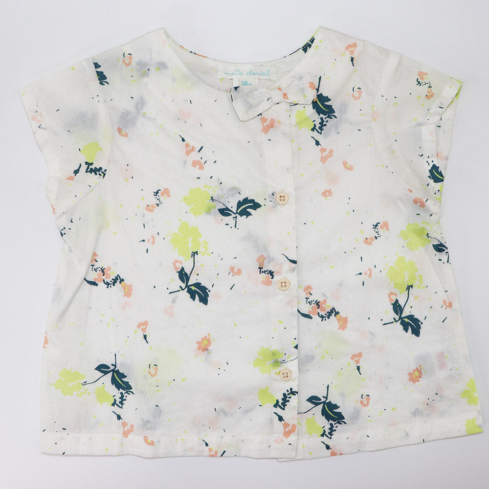 Marie Chantal Girls Floral Print Bow Accent Cotton Summer Blouse