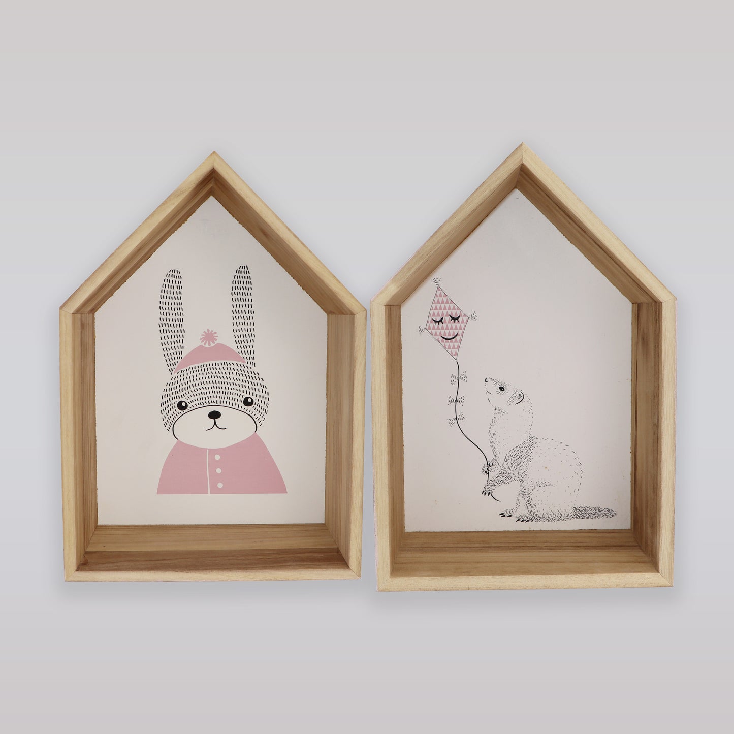 Bloomingville Natural Wood House Shaped Wall Display Boxes Set of 2